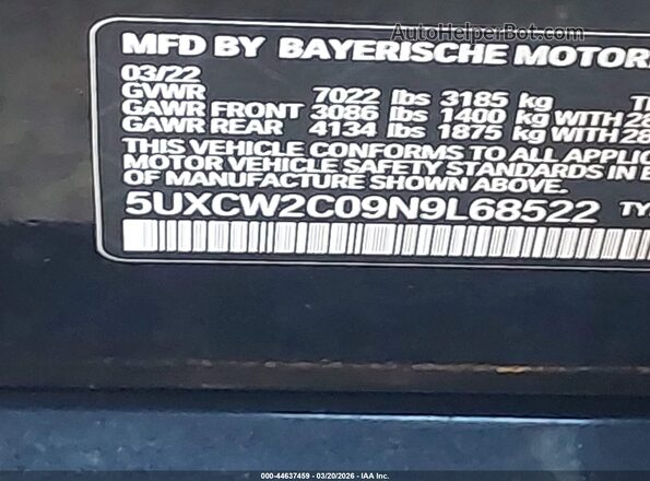 5UXCW2C09N9L68522 2022 BMW X7 Black Engine compartment view