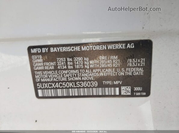5UXCX4C50KLS36039 2019 BMW X7 White Vista del compartimento del motor