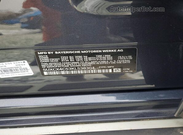 5UXCX4C53KLS38304 2019 BMW X7 Серый Вид наклейки с VIN-кодом