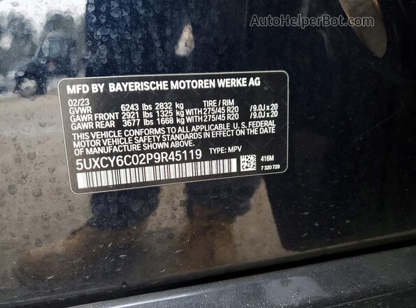 5UXCY6C02P9R45119 2023 BMW X6 Black Вид наклейки з VIN-кодом