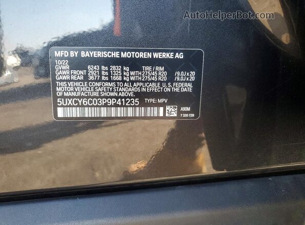 5UXCY6C03P9P41235 2023 BMW X6 Gray Widok naklejki z numerem VIN
