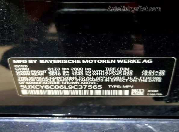 5UXCY6C06L9C37565 2020 BMW X6 Blue Widok naklejki z numerem VIN