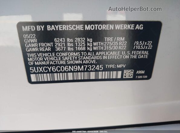 5UXCY6C06N9M73245 2022 BMW X6 Белый Вид подкапотного пространства