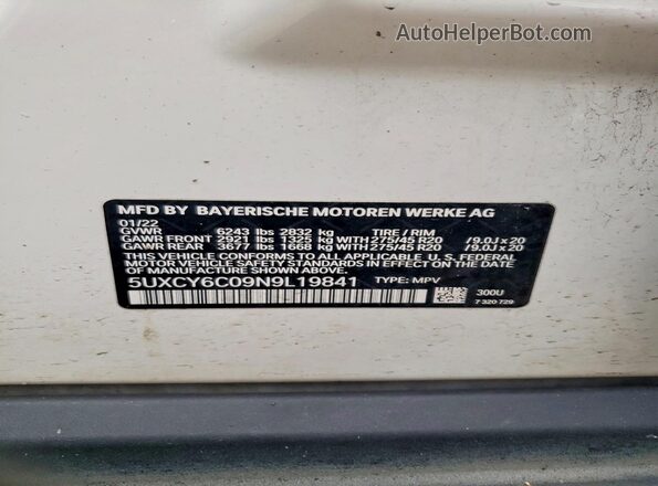 5UXCY6C09N9L19841 2022 BMW X6 Белый Панорамный вид салона 360°