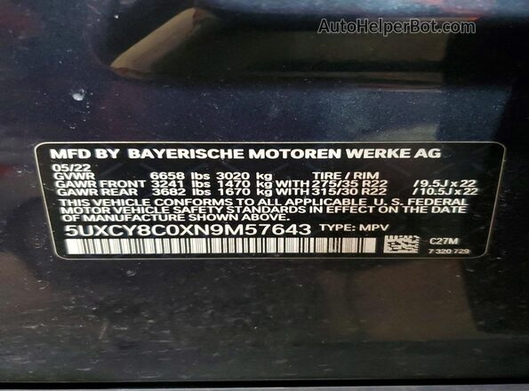 5UXCY8C0XN9M57643 2022 BMW X6 Синий Панорамный вид салона 360°