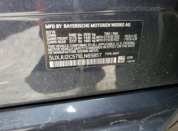 5UXJU2C57KLN65857 2019 BMW X5 Charcoal Widok naklejki z numerem VIN