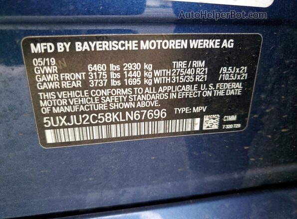 5UXJU2C58KLN67696 2019 BMW X5 Синий Вид наклейки с VIN-кодом