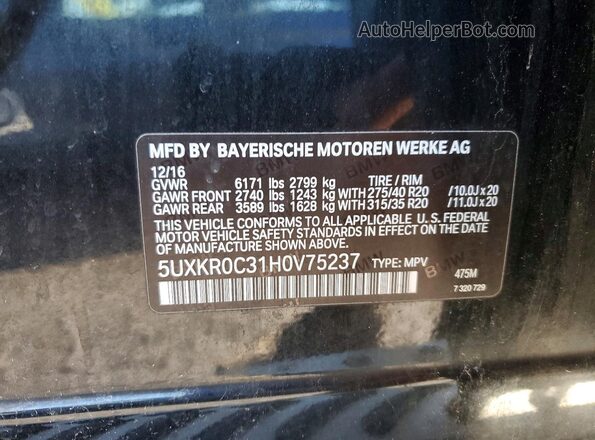5UXKR0C31H0V75237 2017 BMW X5 Black Widok naklejki z numerem VIN