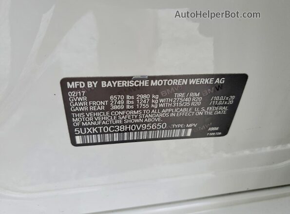 5UXKT0C38H0V95650 2017 BMW X5 White Widok naklejki z numerem VIN