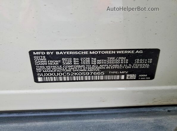 5UXKU0C52K0S97665 2019 BMW X6 White Vista de la etiqueta del VIN