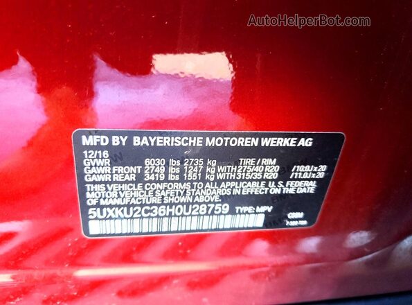 5UXKU2C36H0U28759 2017 BMW X6 Красный Вид наклейки с VIN-кодом