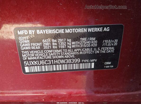 5UXKU6C31H0W38399 2017 BMW X6 Красный Вид подкапотного пространства