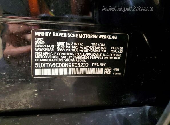 5UXTA6C00N9K05232 2022 BMW X5 Black Widok naklejki z numerem VIN