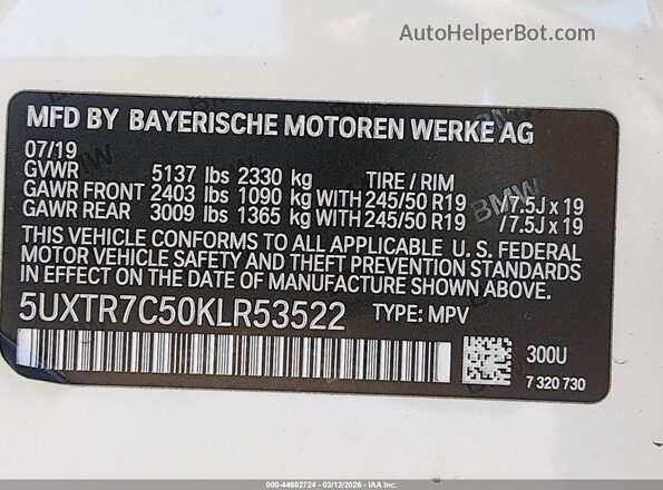 5UXTR7C50KLR53522 2019 BMW X3 Белый Вид подкапотного пространства