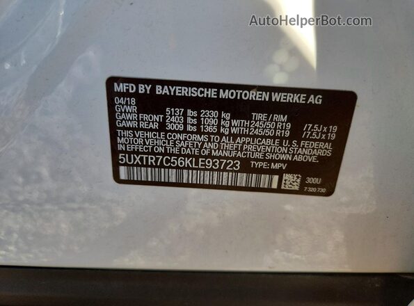 5UXTR7C56KLE93723 2019 BMW X3 Белый Вид наклейки с VIN-кодом