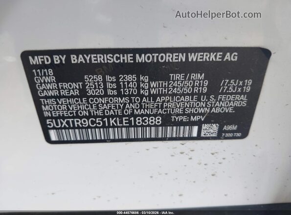 5UXTR9C51KLE18388 2019 BMW X3 Белый Вид подкапотного пространства
