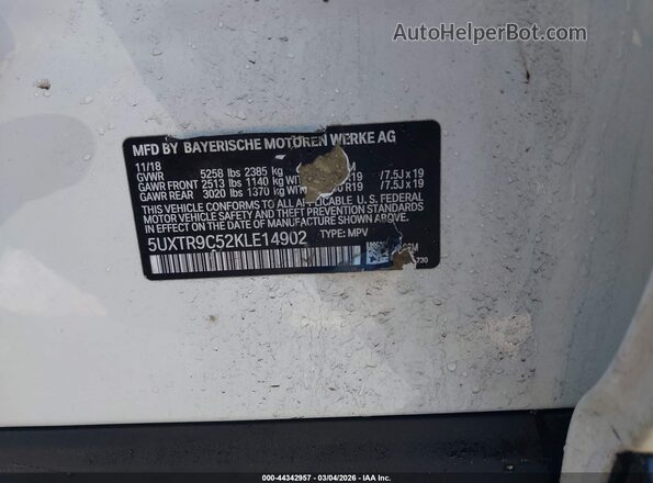 5UXTR9C52KLE14902 2019 BMW X3 White Вид підкапотного простору
