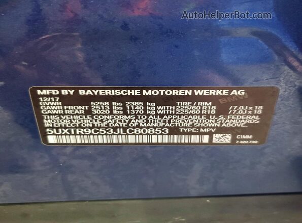 5UXTR9C53JLC80853 2018 BMW X3 Blue Вид наклейки з VIN-кодом
