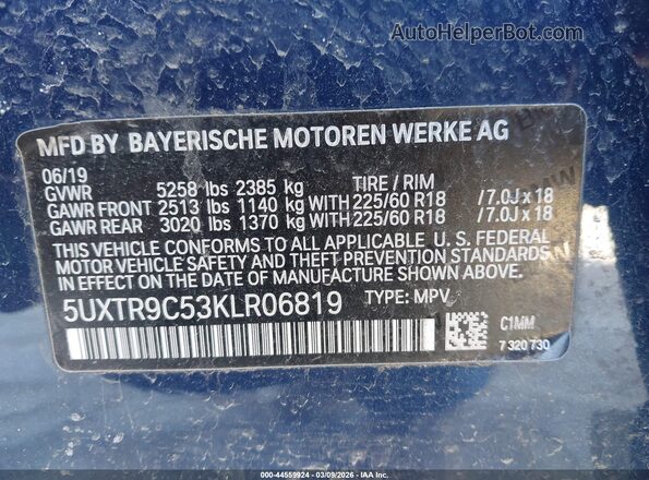 5UXTR9C53KLR06819 2019 BMW X3 Синий Вид подкапотного пространства
