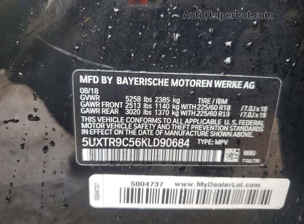 5UXTR9C56KLD90684 2019 BMW X3 Черный Вид наклейки с VIN-кодом