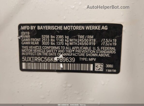 5UXTR9C56KLP89639 2019 BMW X3 White Вид підкапотного простору