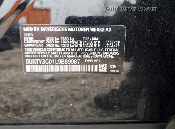 5UXTY3C01L9B89987 2020 BMW X3 Black Widok naklejki z numerem VIN
