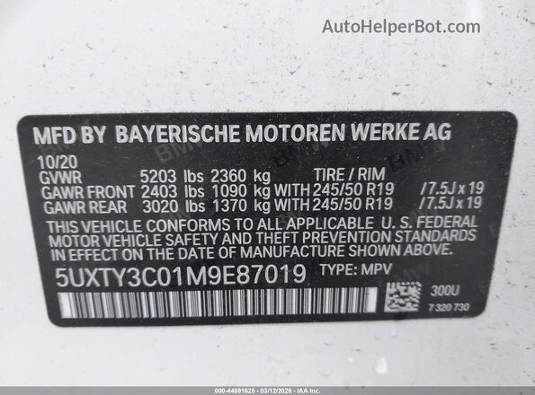 5UXTY3C01M9E87019 2021 BMW X3 White Вид підкапотного простору