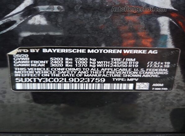 5UXTY3C02L9D23759 2020 BMW X3 Черный Вид подкапотного пространства