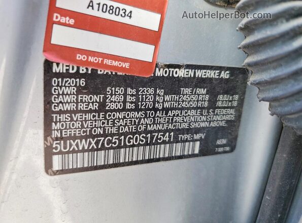 5UXWX7C51G0S17541 2016 BMW X3 Серебряный Вид наклейки с VIN-кодом