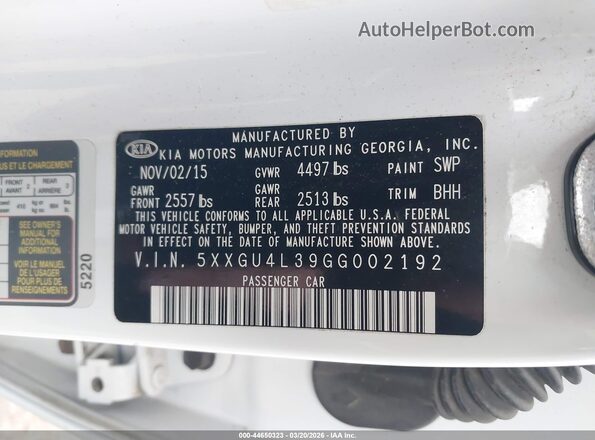 5XXGU4L39GG002192 2016 KIA OPTIMA White Вид підкапотного простору
