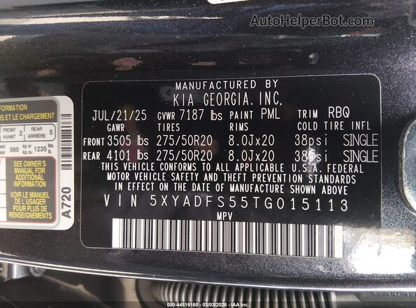 5XYADFS55TG015113 2026 KIA EV9 Black Vista del compartimento del motor