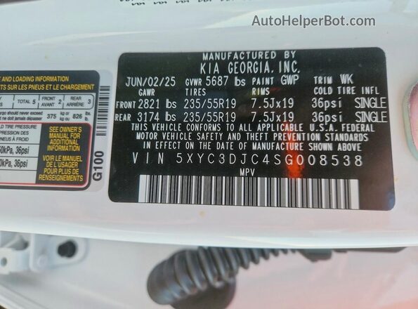 5XYC3DJC4SG008538 2025 KIA EV6 White Widok naklejki z numerem VIN