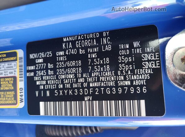 5XYK33DF2TG397936 2026 KIA SPORTAGE Blue VIN sticker view