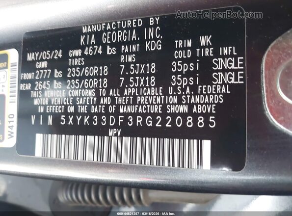 5XYK33DF3RG220885 2024 KIA SPORTAGE Gray Widok komory silnika