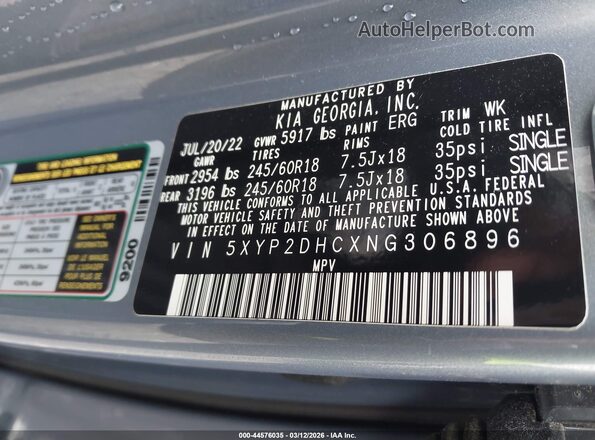 5XYP2DHCXNG306896 2022 KIA TELLURIDE Серый Вид подкапотного пространства