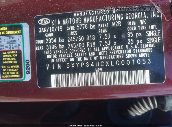 5XYP34HCXLG001053 2020 KIA TELLURIDE Burgundy Շարժիչի բաժամունքի տեսք