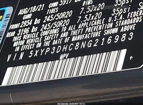 5XYP3DHC8NG216983 2022 KIA TELLURIDE Gray Widok komory silnika