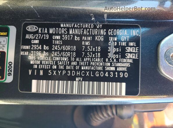 5XYP3DHCXLG043190 2020 KIA TELLURIDE Gray Vista interior de 360 grados