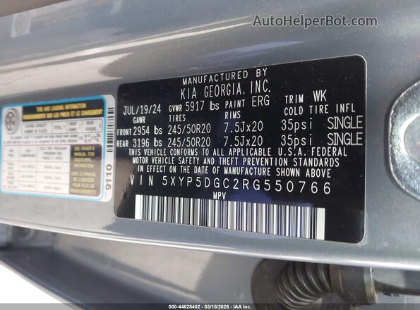 5XYP5DGC2RG550766 2024 KIA TELLURIDE Gray Widok komory silnika