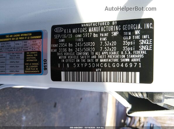 5XYP5DHC6LG046971 2020 KIA TELLURIDE Белый Вид подкапотного пространства