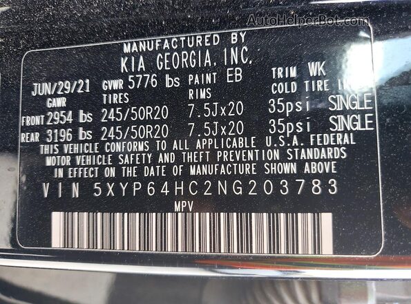 5XYP64HC2NG203783 2022 KIA TELLURIDE Черный Панорамный вид салона 360°