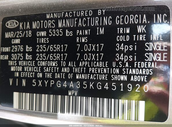 5XYPG4A35KG451920 2019 KIA SORENTO Серый Вид подкапотного пространства