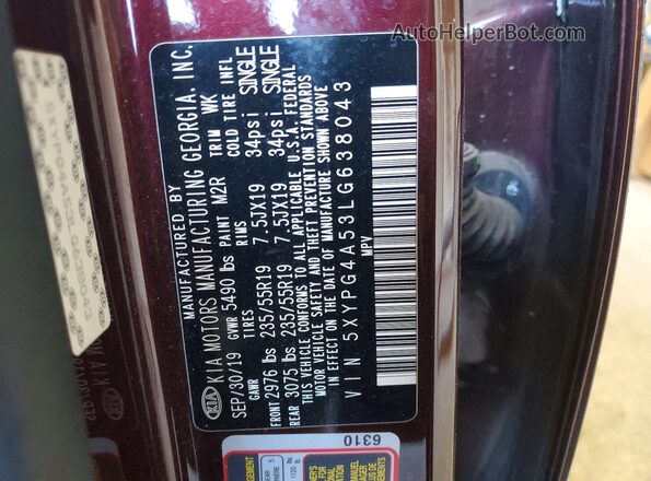 5XYPG4A53LG638043 2020 KIA SORENTO Бордовый Панорамный вид салона 360°
