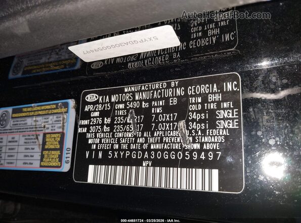 5XYPGDA30GG059497 2016 KIA SORENTO Черный Вид подкапотного пространства