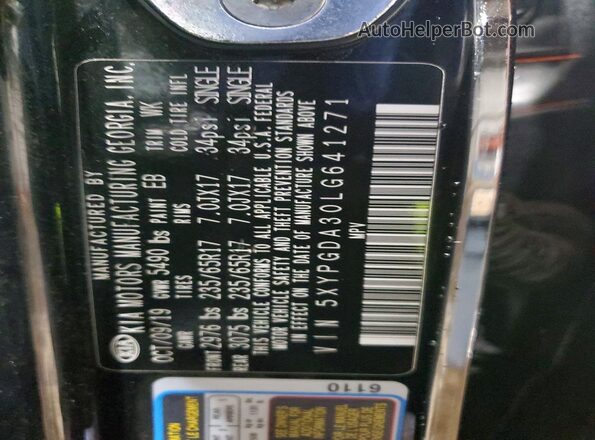 5XYPGDA30LG641271 2020 KIA SORENTO Black Widok wnętrza 360 stopni