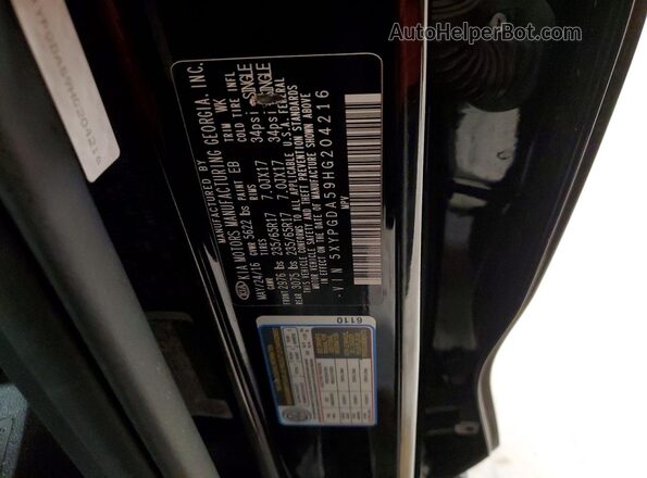 5XYPGDA59HG204216 2017 KIA SORENTO Черный Вид наклейки с VIN-кодом