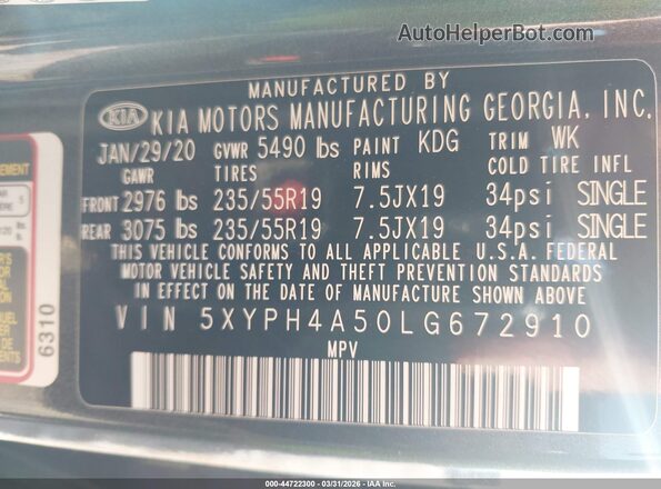 5XYPH4A50LG672910 2020 KIA SORENTO Серый Вид подкапотного пространства