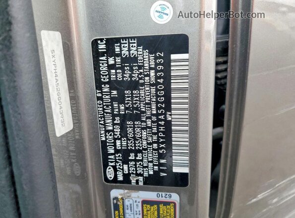 5XYPH4A52GG043932 2016 KIA SORENTO Gray VIN sticker view
