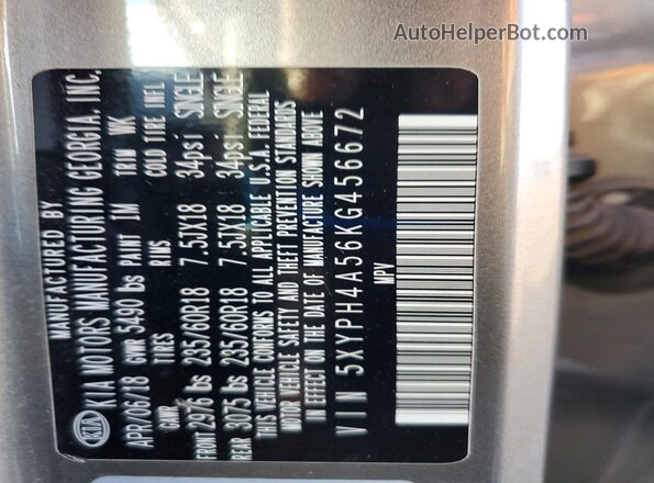 5XYPH4A56KG456672 2019 KIA SORENTO Серебряный Вид подкапотного пространства
