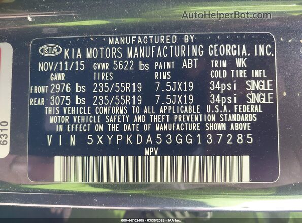 5XYPKDA53GG137285 2016 KIA SORENTO Серый Вид подкапотного пространства